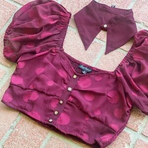 M| Unique Vintage | Burgundy Polka Dot Blouse with Puff Sleeves
